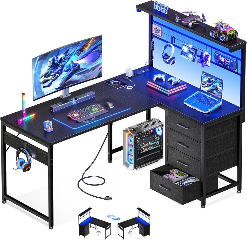 43" L Shaped Gaming Desk with Shelf & 4 Drawers, Black | Compact corner computer table. Reversible study desk with