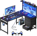43" L Shaped Gaming Desk with Shelf & 4 Drawers, Black | Compact corner computer table. Reversible study desk with