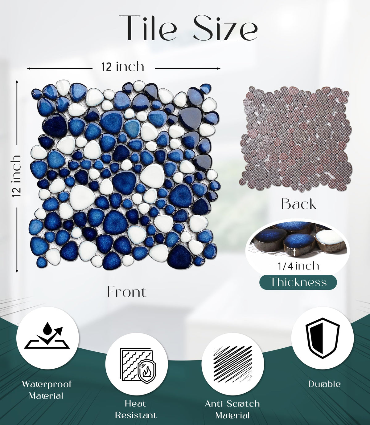 Pebble Ceramic Tiles 5 Sheets, Heart-Shaped 12x12 Floor Tile Ceramic, Dark Blue Mosaic Tiles Mesh Mounted, Waterproof