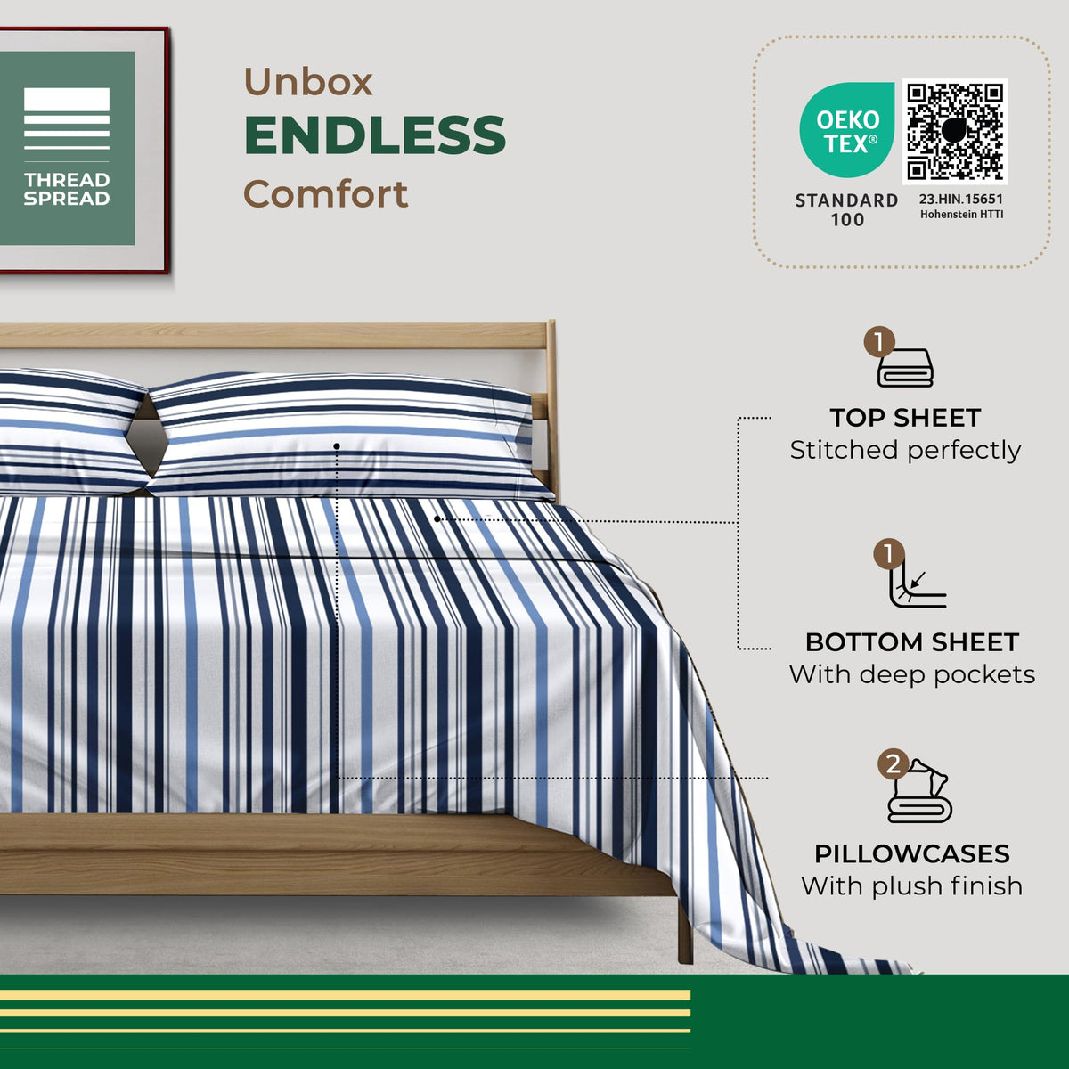 100% Organic Cotton Sheets - Organic Cotton Percale Sheet Set (4 PC, Variegated Stripe), Soft