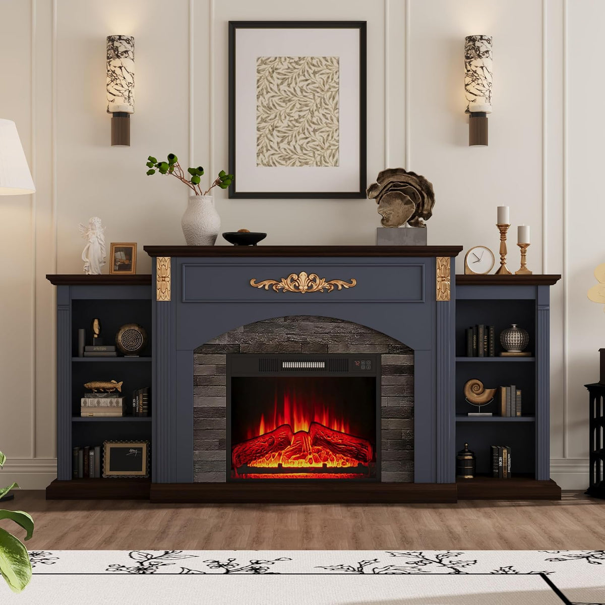 72 Inch Vintage-Style Fireplace TV Stand for TVs up to 80 Inches, Mantel with Gold Carved Accents, 23 Inch Electric Fireplace Insert with Remote Control