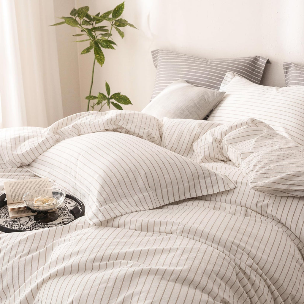 3Pcs Off White & Linen Grey Striped Duvet Cover Set