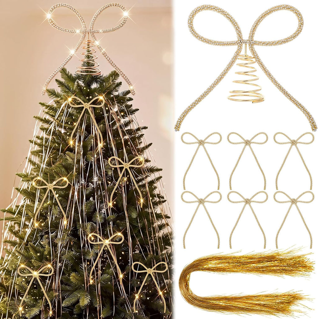 10'' Christmas Rhinestone Bow Tree Topper Ornaments Set, Gold