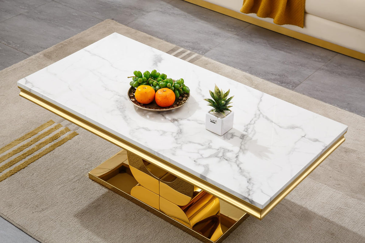 Set of 3 Faux Marble Coffee End Table Gold U Stainless Steel Base