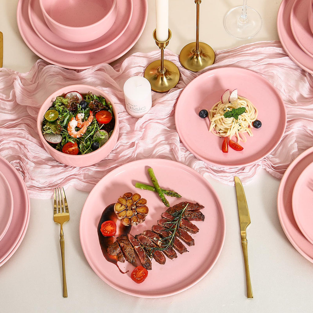 12 Pcs Stoneware Plates and Bowls, Dinnerware Sets for 4, Blush Pink