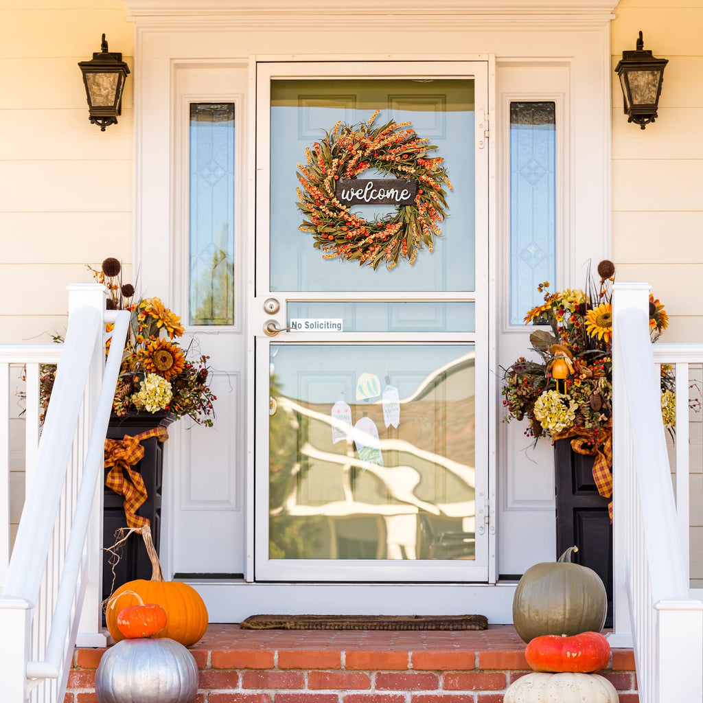 Artificial Fall Wreath - 22'' Autumn Front Door Wreath with Harvest Foam Leaves, Small Pumpkins for Outside, Indoor
