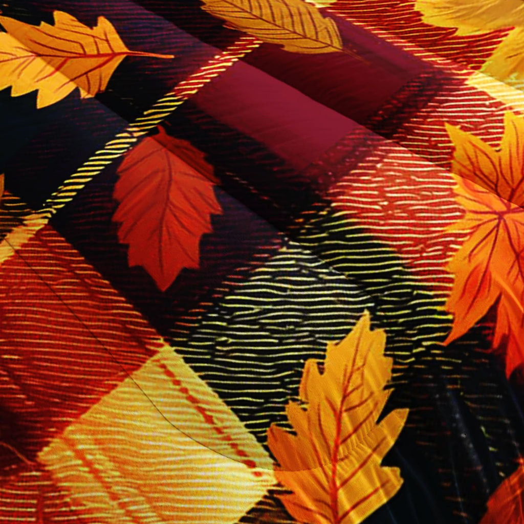 Autumn Maple Plaid Bedding Set 3 Piece, 1 Comforter + 2 Pillowcases, Orange Red Leaves Black Tartan Checks