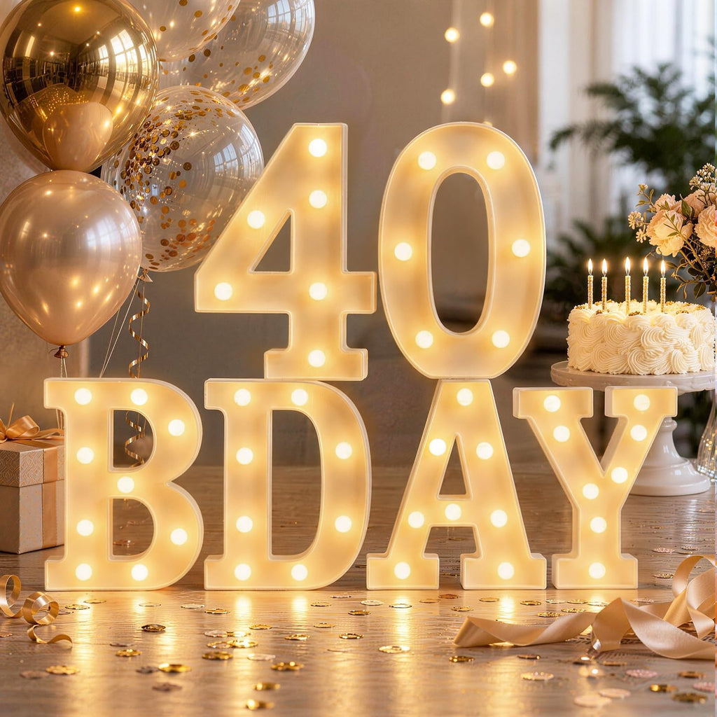 40th Birthday Decorations for Women and Men - 6 LED Long Marquee Light Up Letters '40 Bday' for Party Decor