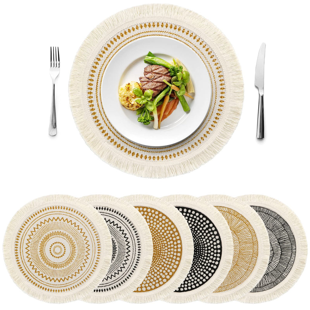 Set of 6 Round Placemats 13 Inch Cotton Woven Mandala Tassels Table Mats