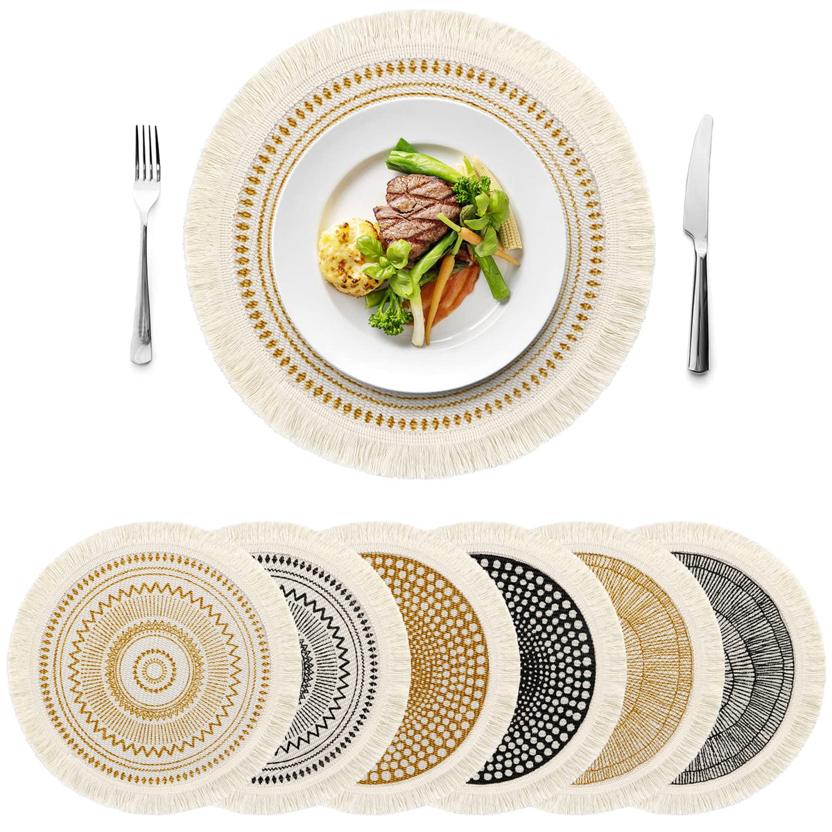 Set of 6 Round Placemats 13 Inch Cotton Woven Mandala Tassels Table Mats