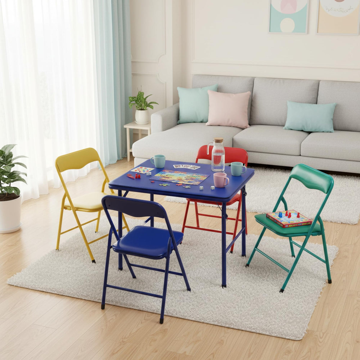 5-Piece Folding Table and Chair Set, Compact Square Activity Table with 4 Folding Chairs, Sturdy Metal Frame