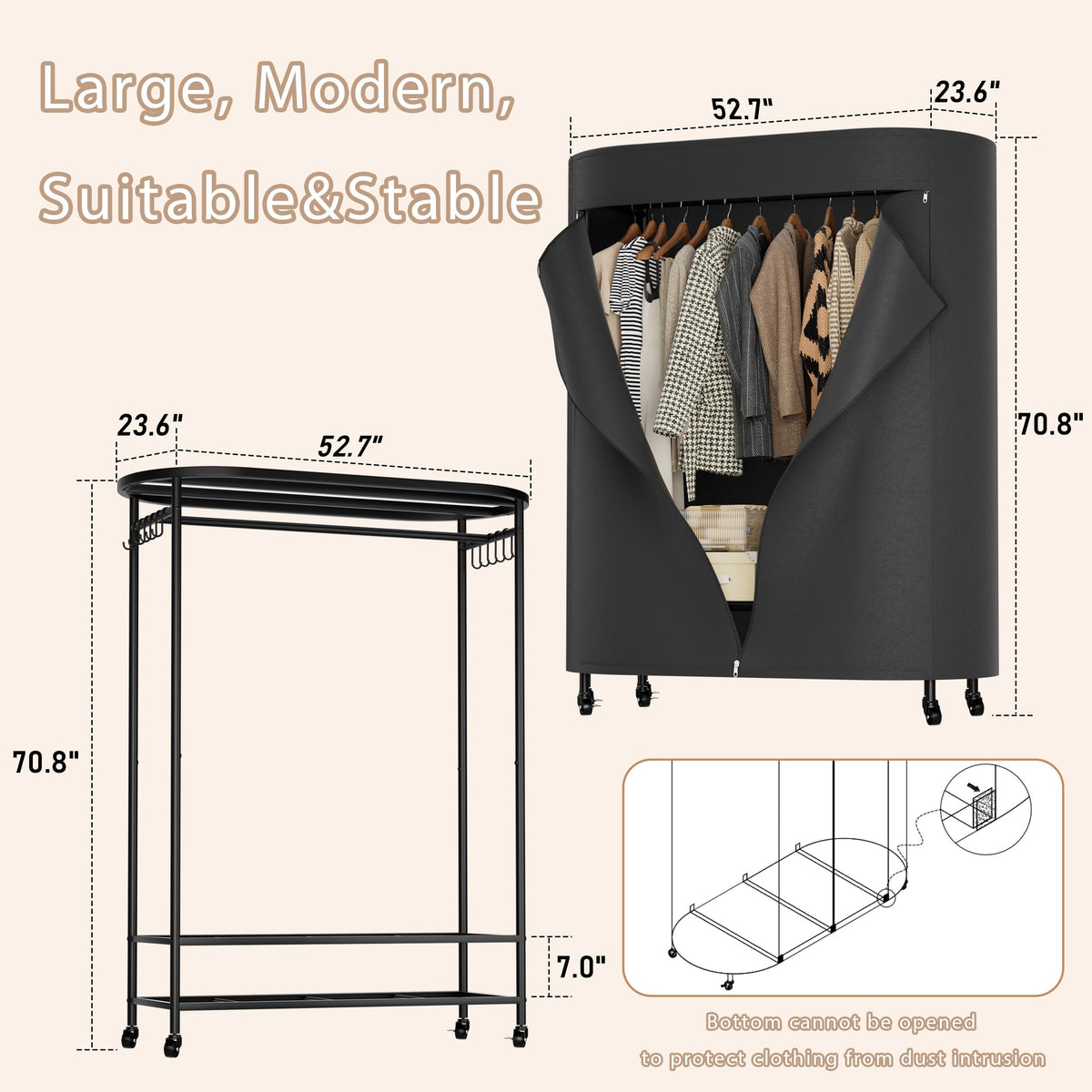 Clothes Rack with Cover Heavy Duty Rolling Portable Closet 380LBS