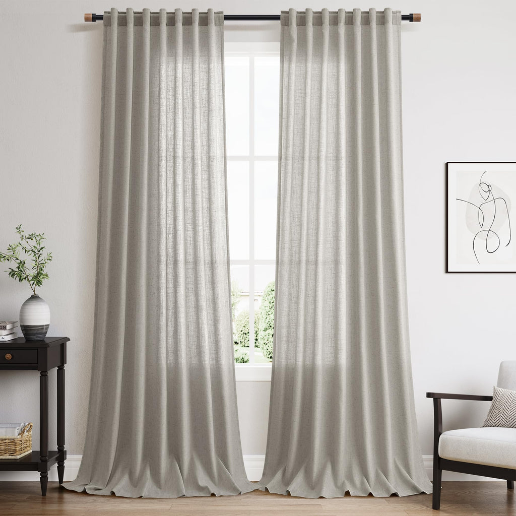 Silver Grey Linen Curtains 120 Inch Extra Long Back Tab Light Filtering Semi Sheer Drapes Modern Farmhouse Boho