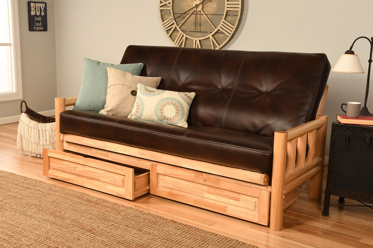 Cabin Lodge Log Futon Frame, Drawers w/up North Premium 8" Innerspring Mattress Sofa Bed Set Full Size (Sofa Frame &