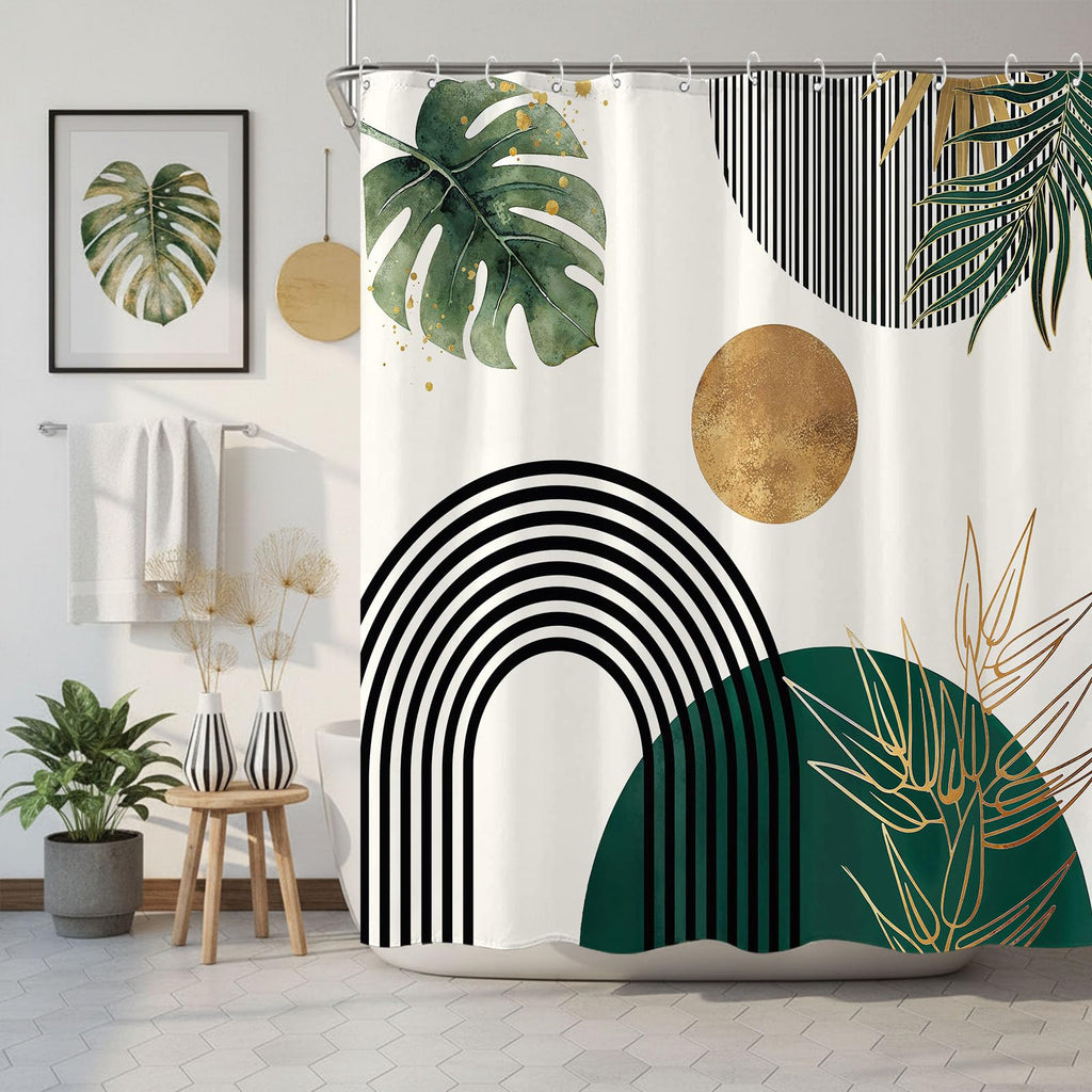 Mid Century Boho Green Shower Curtain, Abstract Modern Waterproof Fabric Shower Curtains, Plant Botanical Minimalist