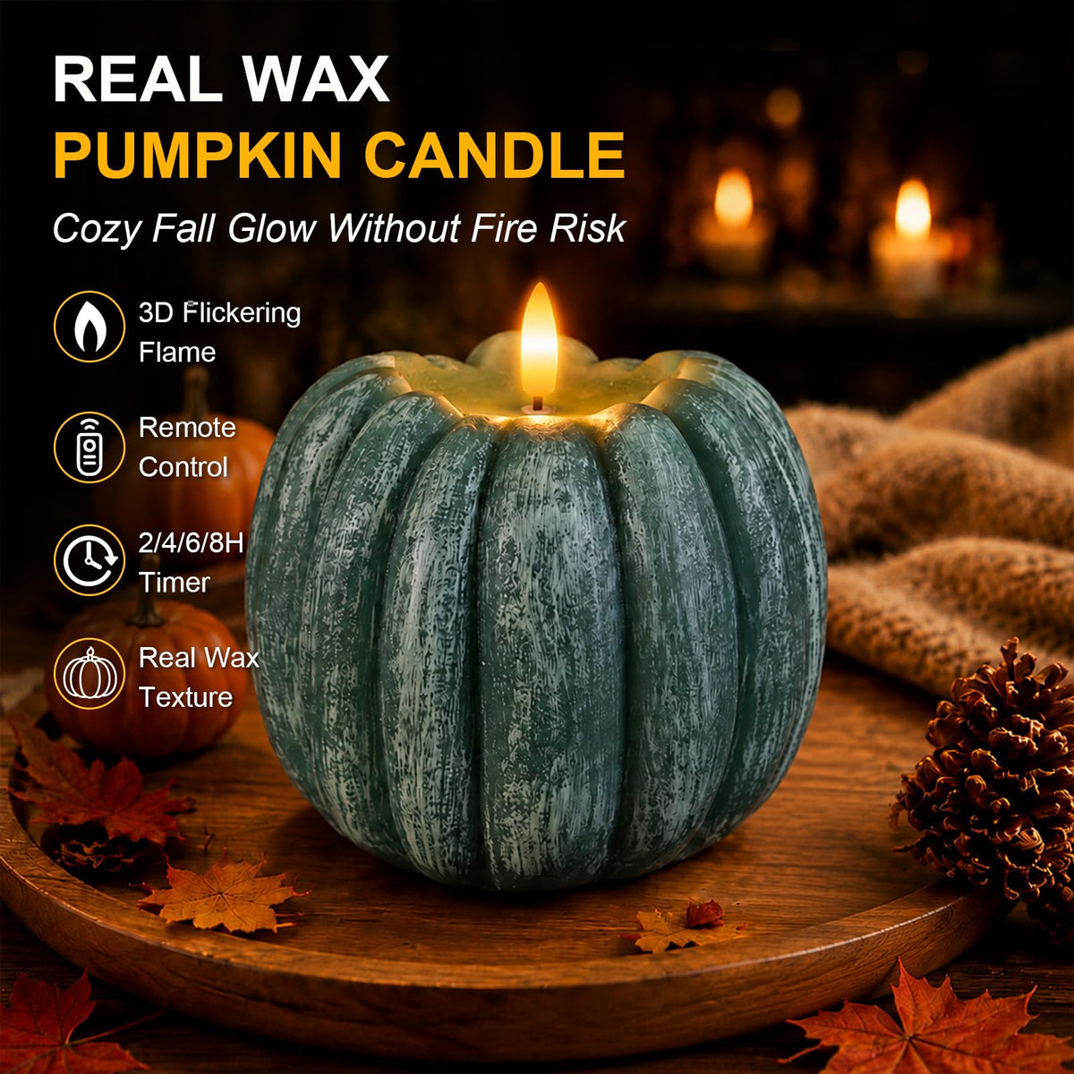 Flameless Wax Pumpkin Candle Flickering with Remote for Fall Decor