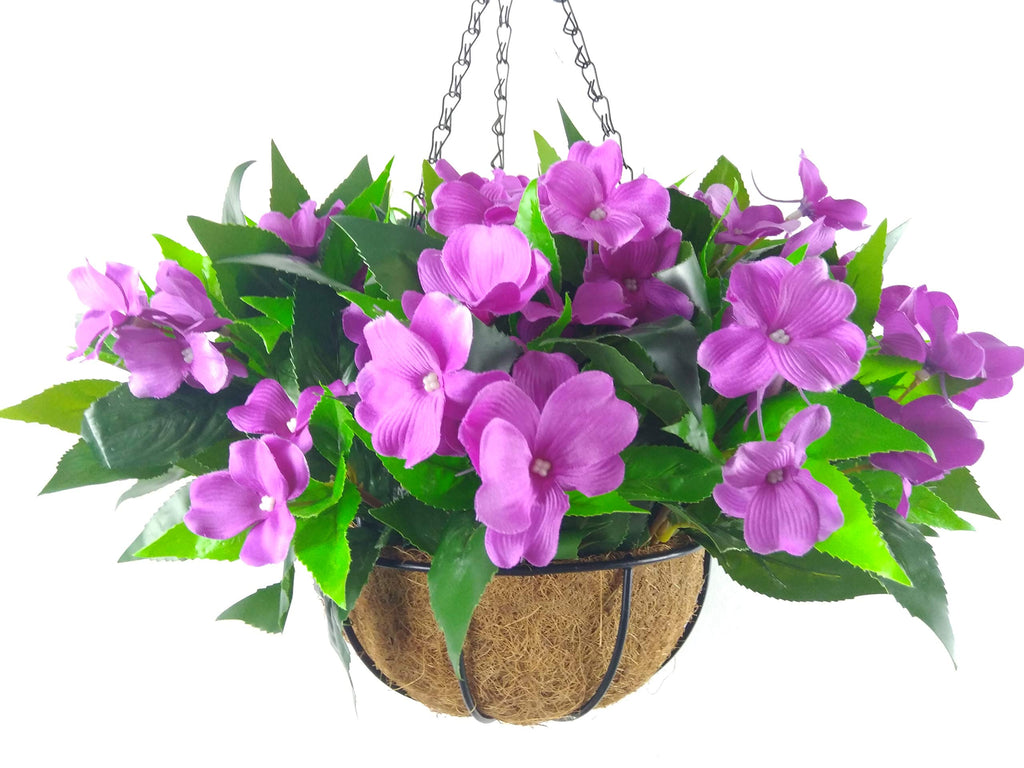 Fake Silk Impatiens Flower Pot Chain Hanging Basket Flowers Artificial Impatiens Balsamina Purple (7.8 inch)