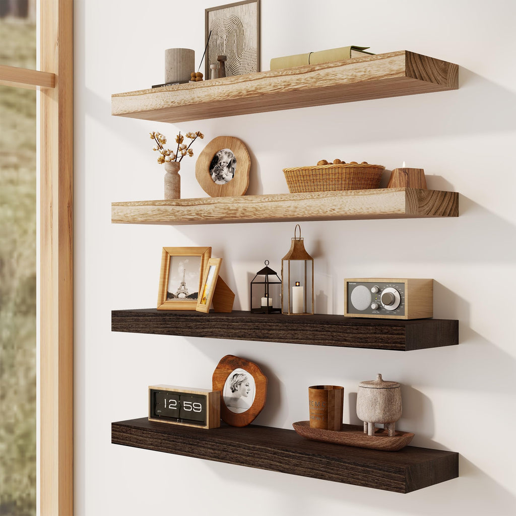 Solid Wood Floating Shelves for Wall 24"W x 8"D x 1.56"H Set of 2, Deep Wall Shelves Bedroom Bathroom Kitchen Decor