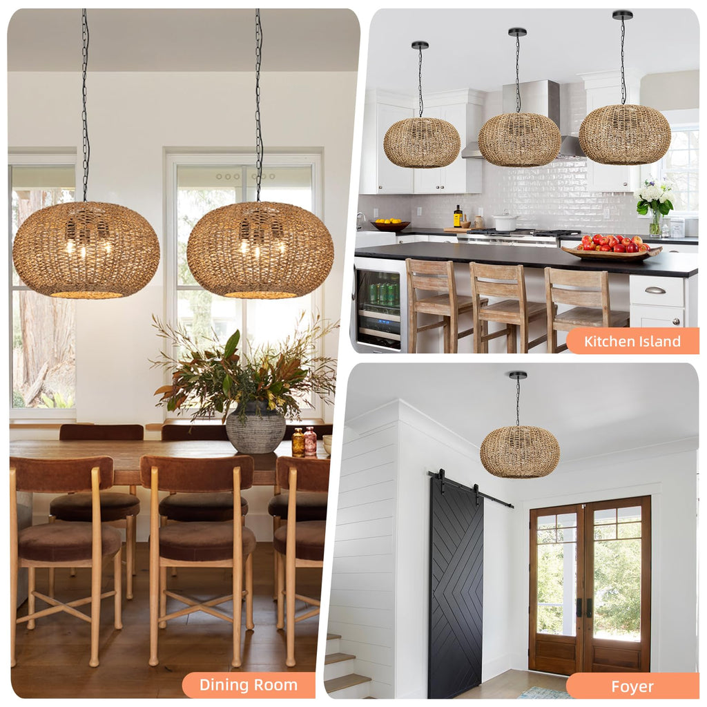 3-Light Natural Rattan Pendant Lighting Island