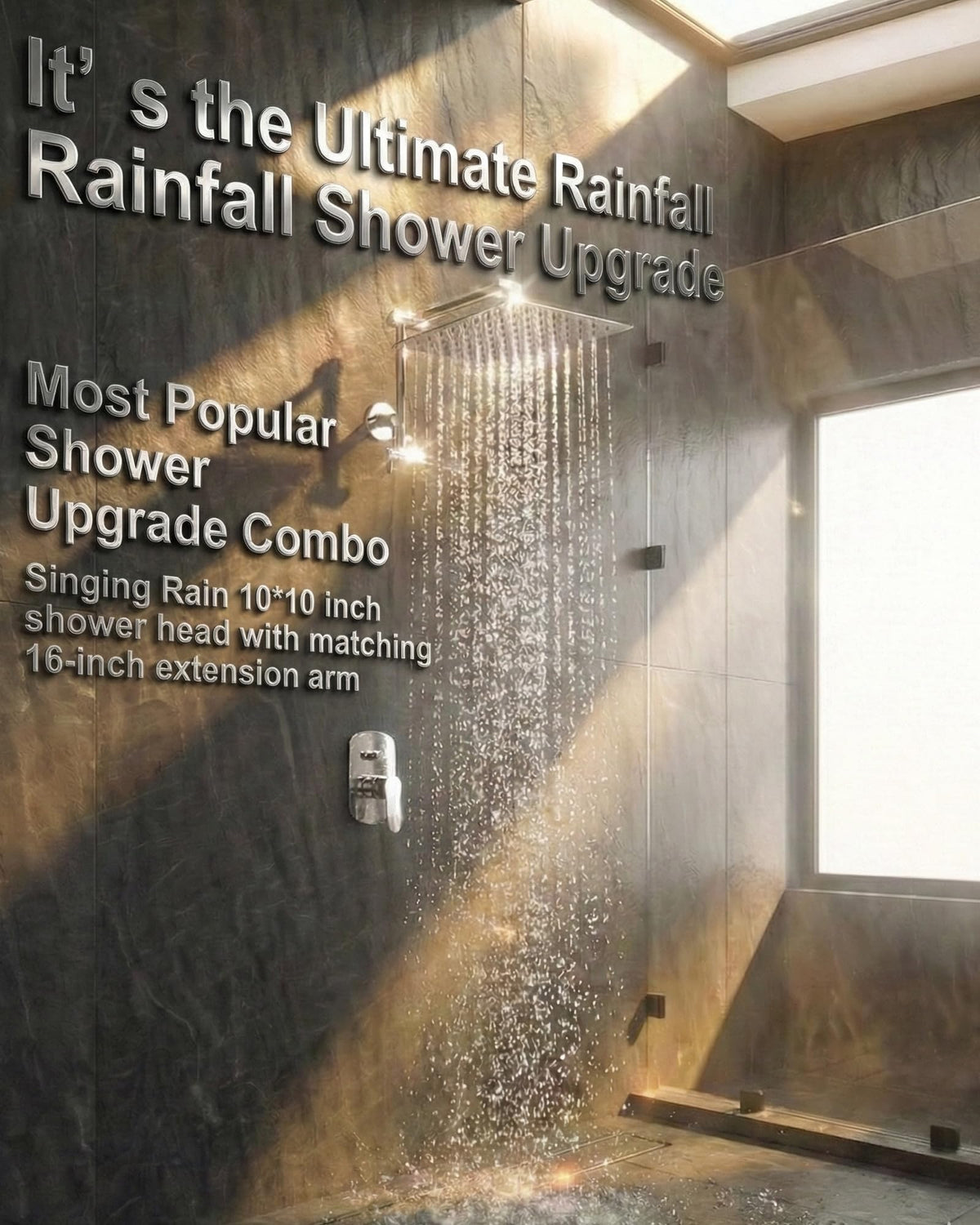 All Metal Rain Shower Head, 10'' High Pressure Rainfall Square Showerhead with 16" Shower Head Extension Arm