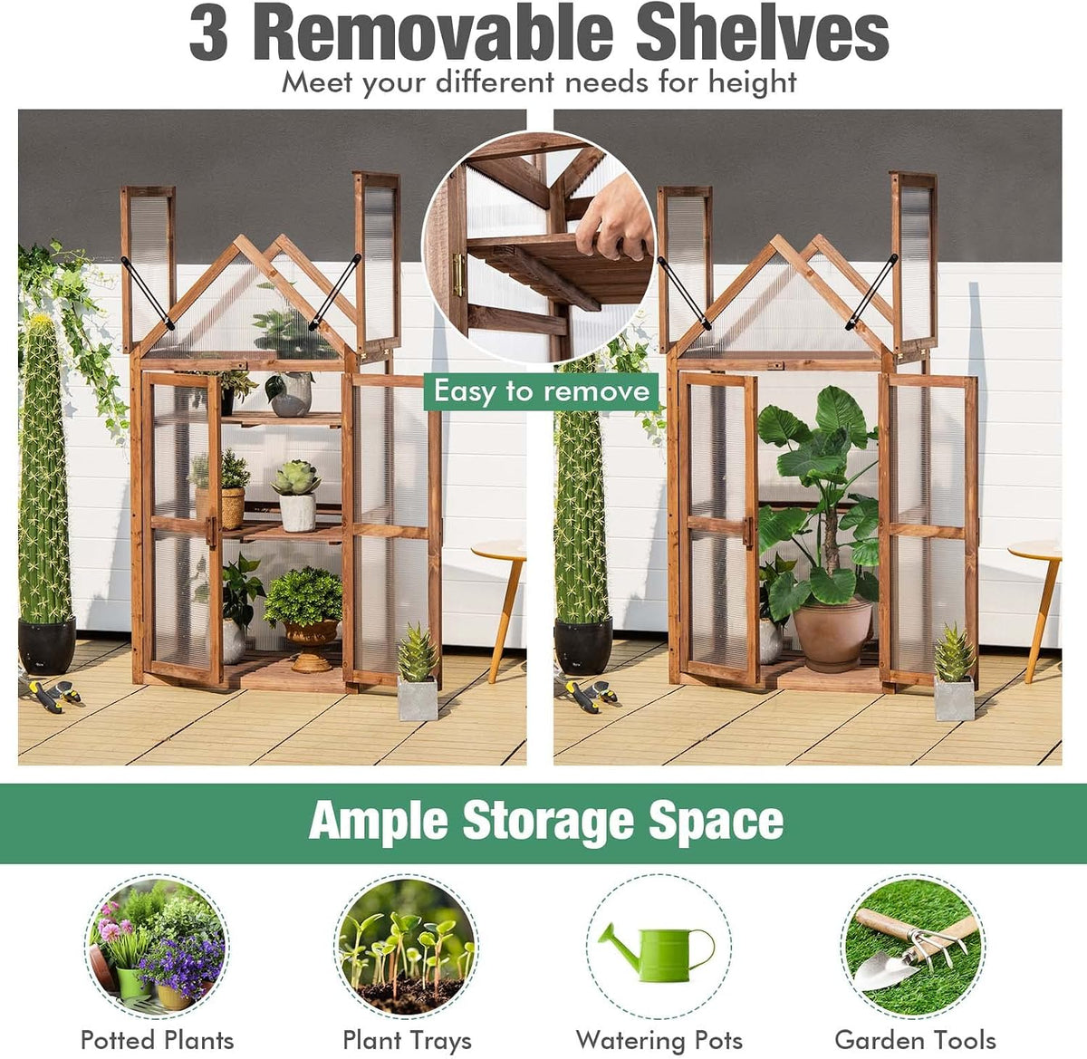 Wooden Cold Frame Greenhouse with 3 Removable Shelves for Outdoor | Portable Raised Flower Planter Shelf w/