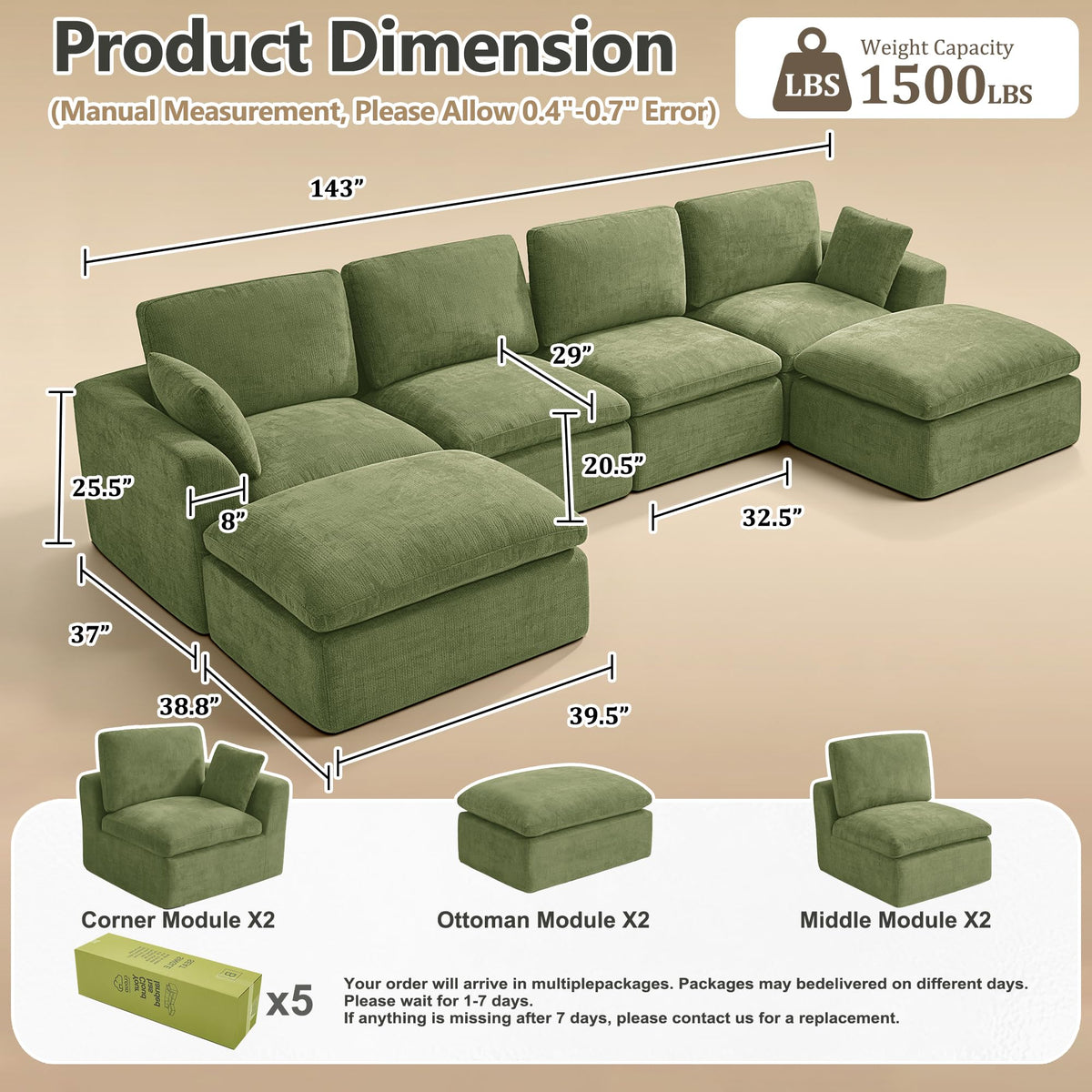 Oversized 143" Double-Layered and Soft Cloud Couch Modular Sectional Sofa Boneless Couches 6-Seater U-Shape Couch