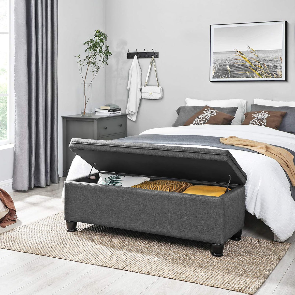 Storage Ottoman, 46.5 Inches Bedroom Bench, Solid Wood Legs