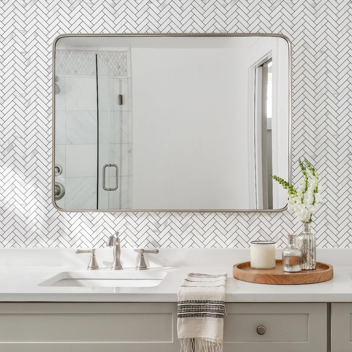 10 Sheets Herringbone Peel and Stick Backsplash, Stick on Aluminum Composite PVC Kitchen Backsplash, Marble White