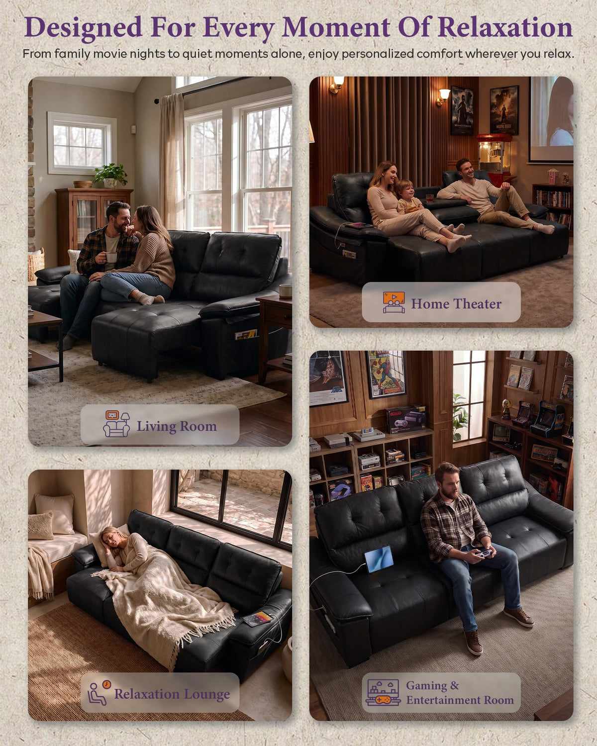 110'' Electric Leather Recliner Couch, Power Extendable Pull Out Sofa Bed