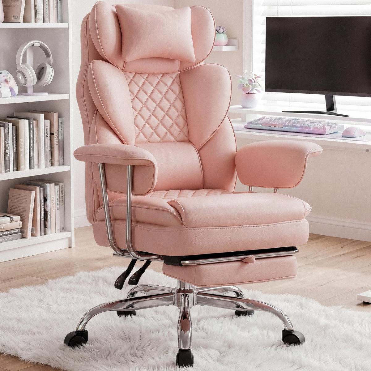 Big and Tall Gaming Chair with Footrest, Reclining Chair, Pink