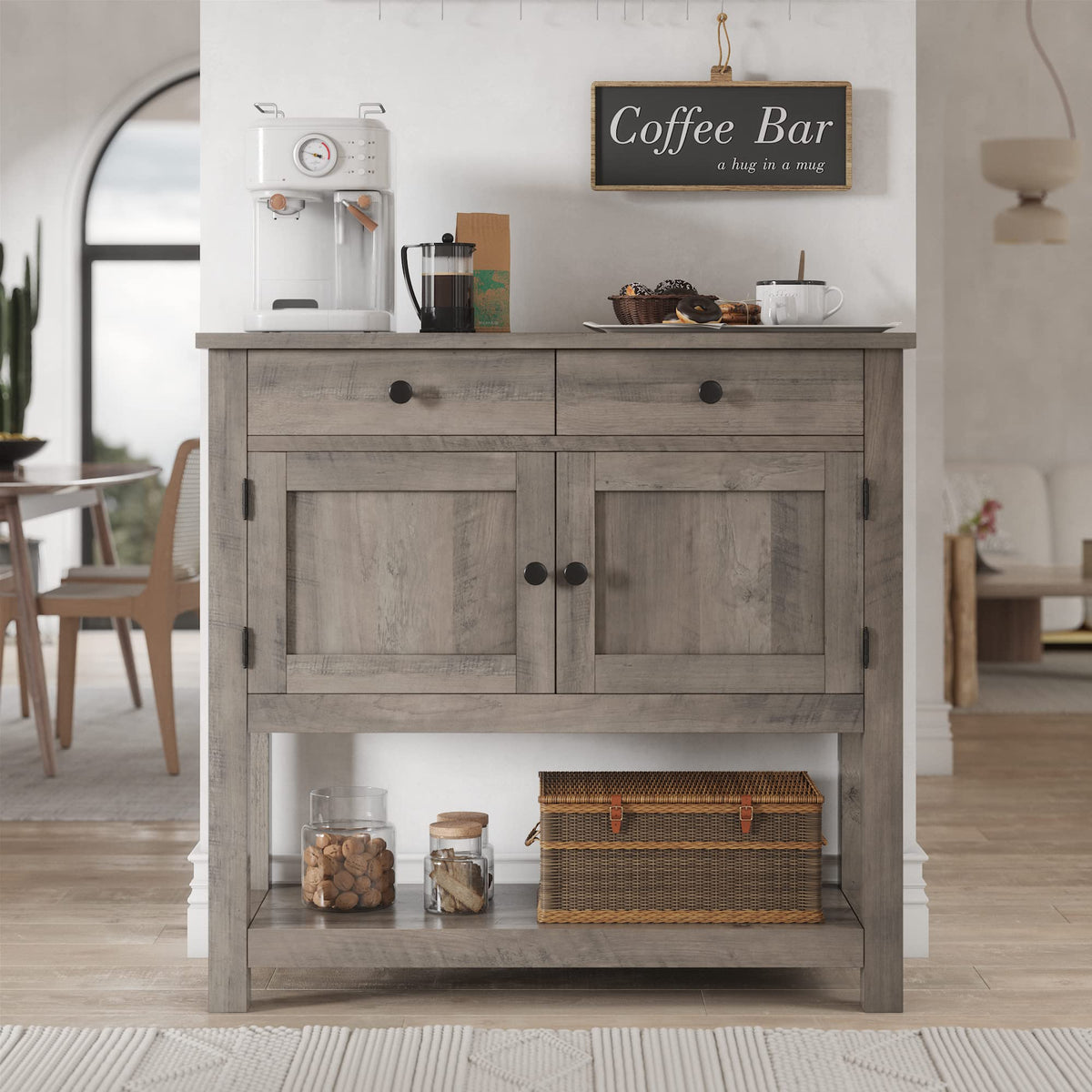 Farmhouse Console Table with Storage, 35"W Entryway Table, Ash Gray