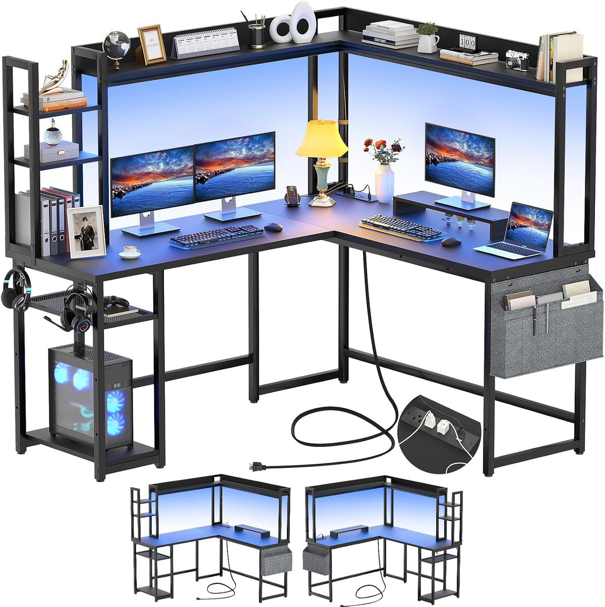 L Shaped Desk Gaming Desk with Power Outlet & LED Light & Monitor