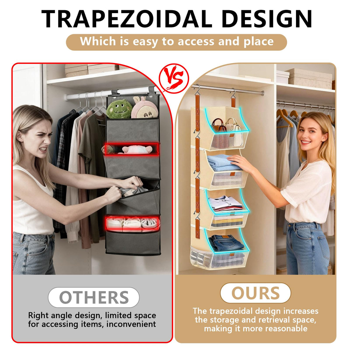 Fabric Hanging Closet Clothes Organizers and Storage Detachable 4 Tier