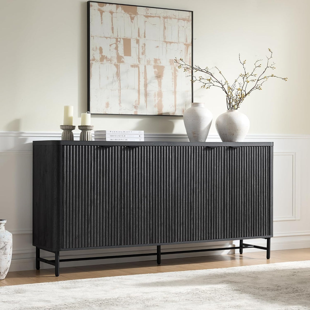 65" Buffet Cabinet with Storage, Fluted Credenza Sideboard with 4 Doors & Adjustable Shelves, Large Coffee Bar
