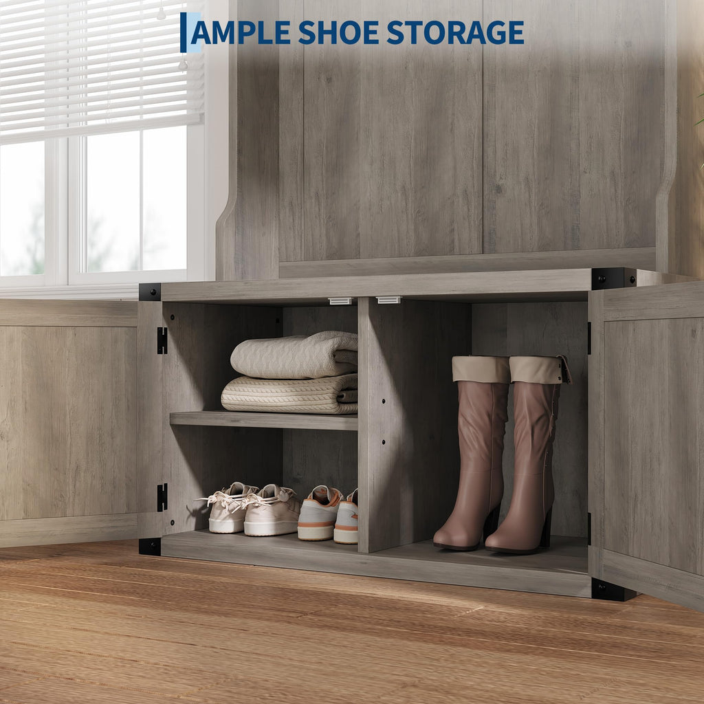 Farmhouse Hall Tree, Entryway Coat Rack with Closed Shoe Cabinet