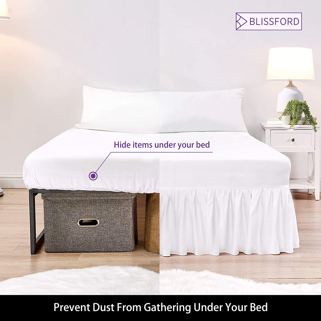 White Bed Skirt 14 inch Drop - with Split Corners - Cotton Blend Ruffle Bed Skirt, Dust Ruffle with