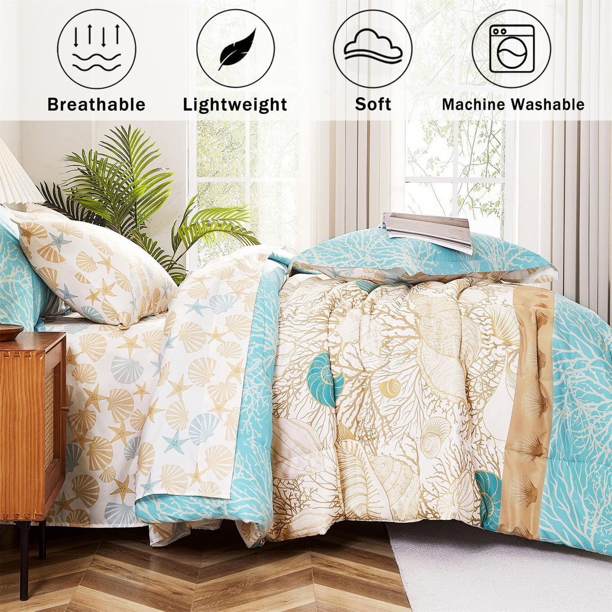 Blue Coastal Comforter Set 7 Pieces, Starfish Printed Bedding Bed in A Bag, Soft Microfiber Comforter with