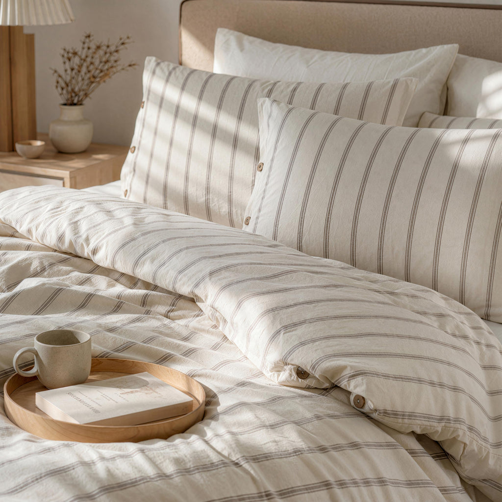 Duvet Cover Set, 100% Turkish Cotton Beige Stripe