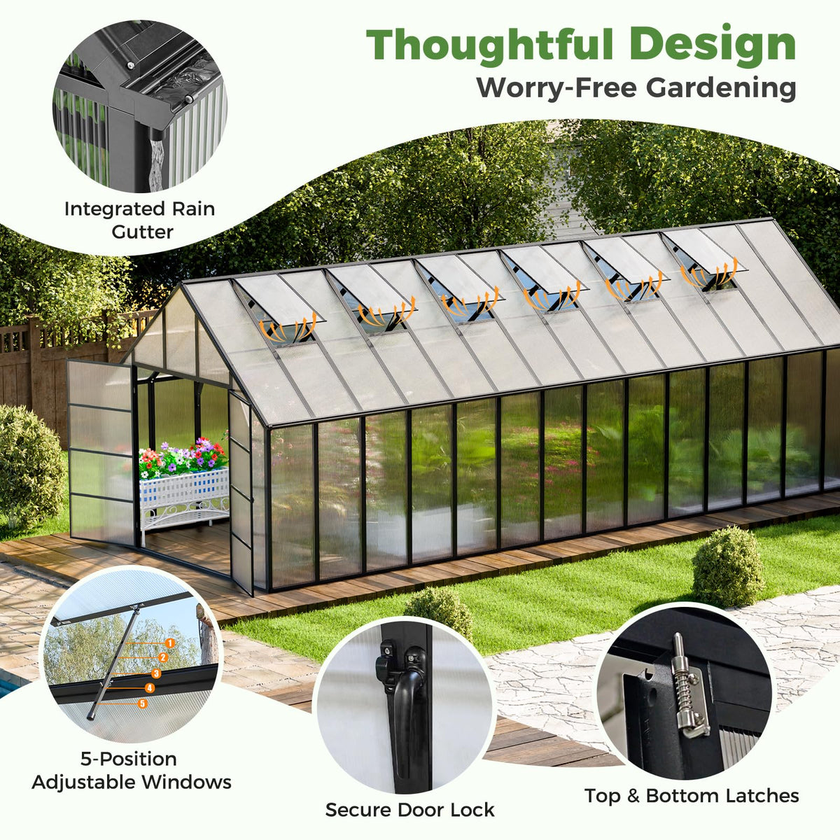 28x10x10 FT Polycarbonate Greenhouse with Aluminum Frame, Black