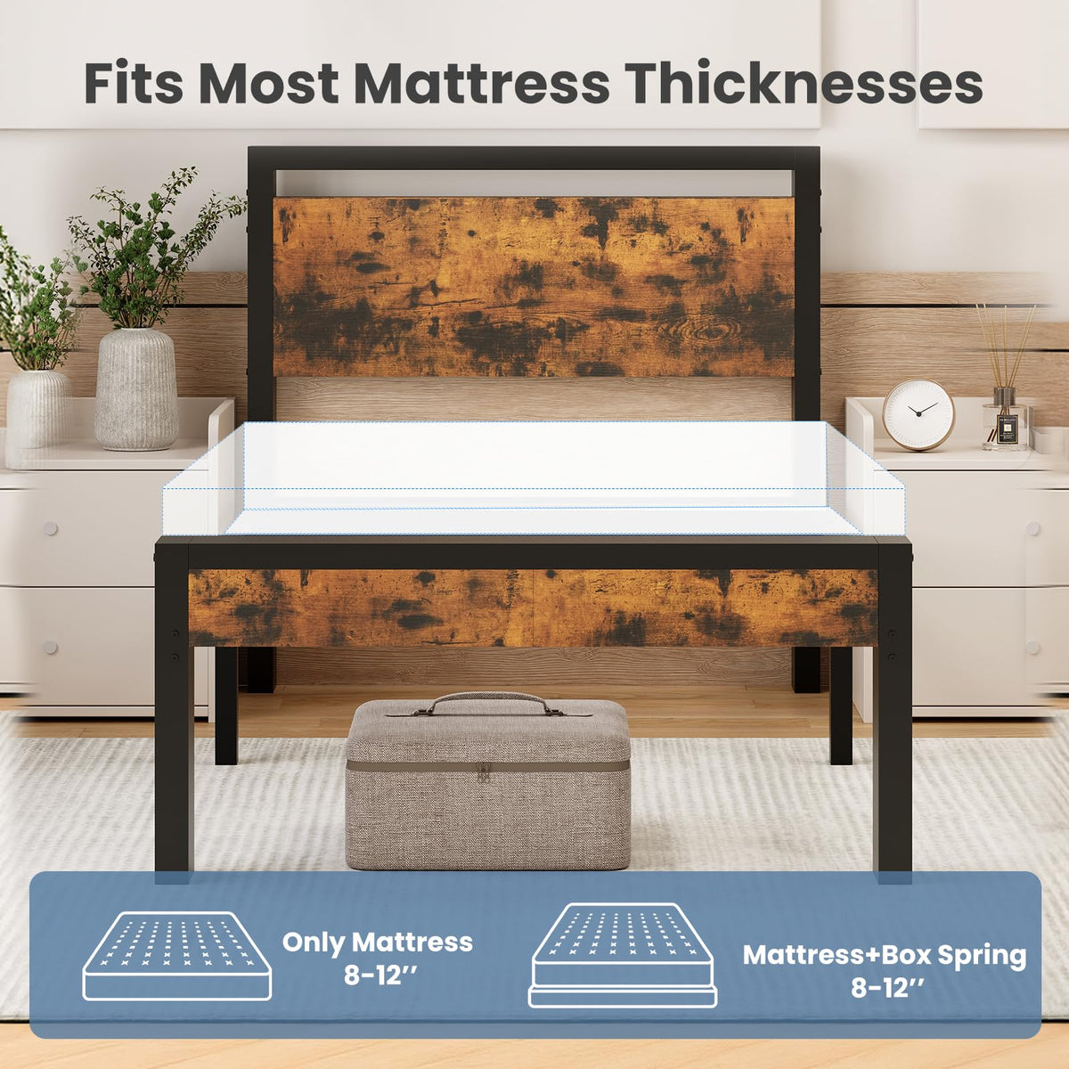 14 Inch Bed Frame with Wood Headboard, Rustic Brown