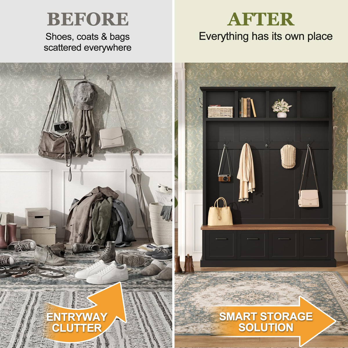 Farmhouse Wood Hall Tree with 6 Hooks and Enclosed Shoe Cabinets, Mudroom Versatile Coat Racks with Open Shelves