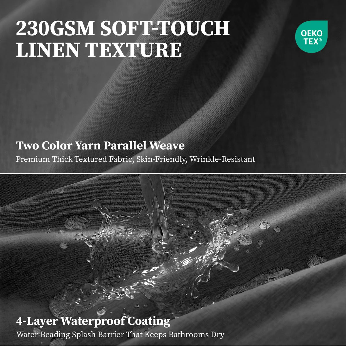 Long Linen Textured Waterproof Shower Curtain Set, 72x84, Grey/Gray