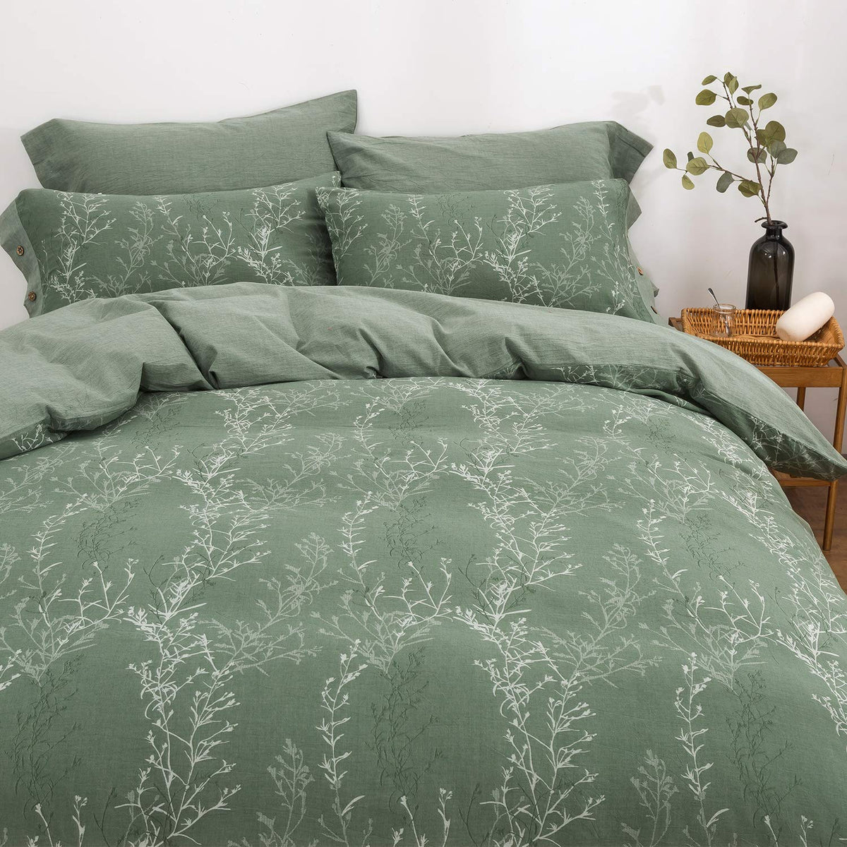Duvet Cover Set King Size Washed Cotton Yarn, Jacquard Green and White Thin Branch Pattern Floral Style 3Piece