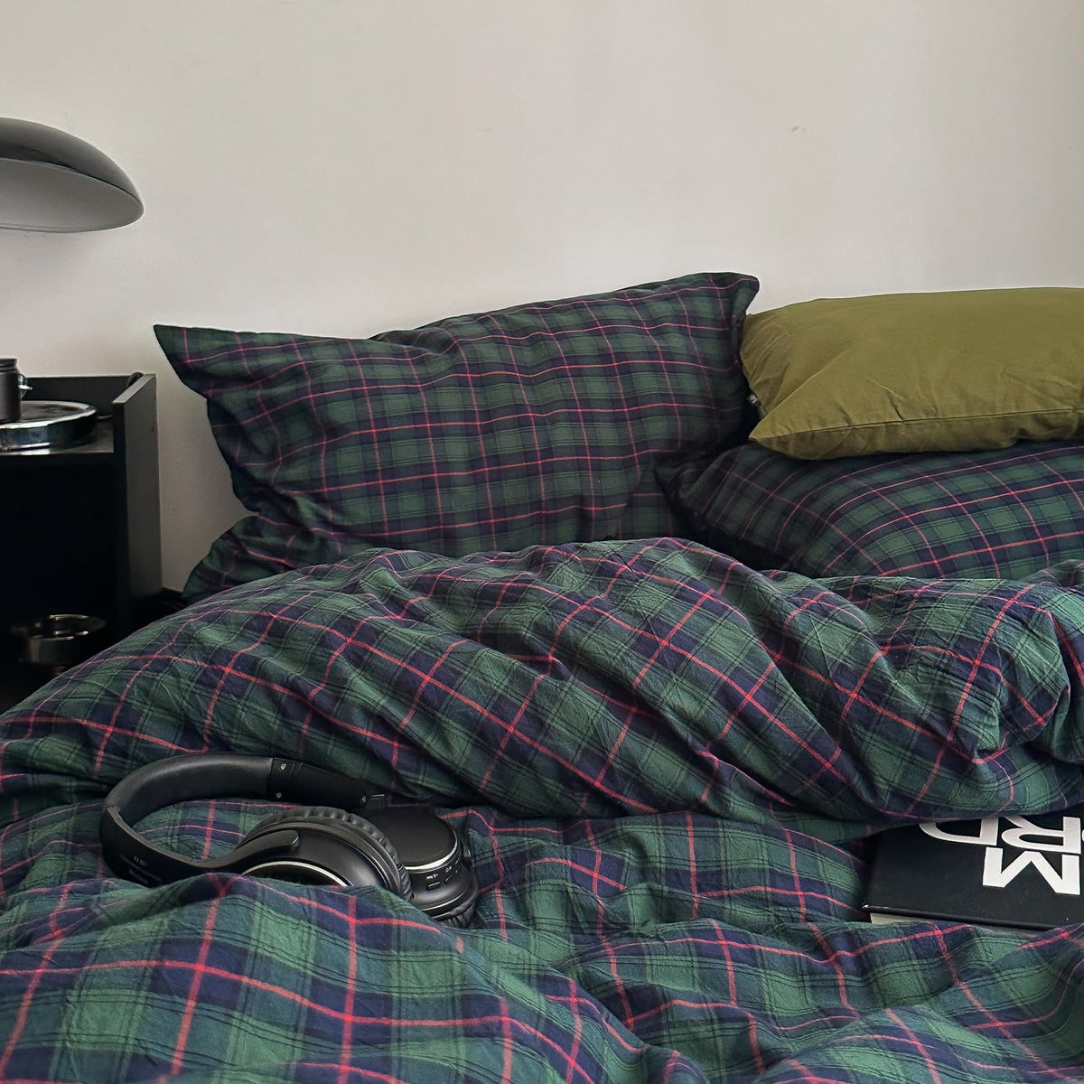 Vintage Forest Green Plaid Duvet Cover Set, 3 Piece Retro Tartan Bedding Collection with Navy Check