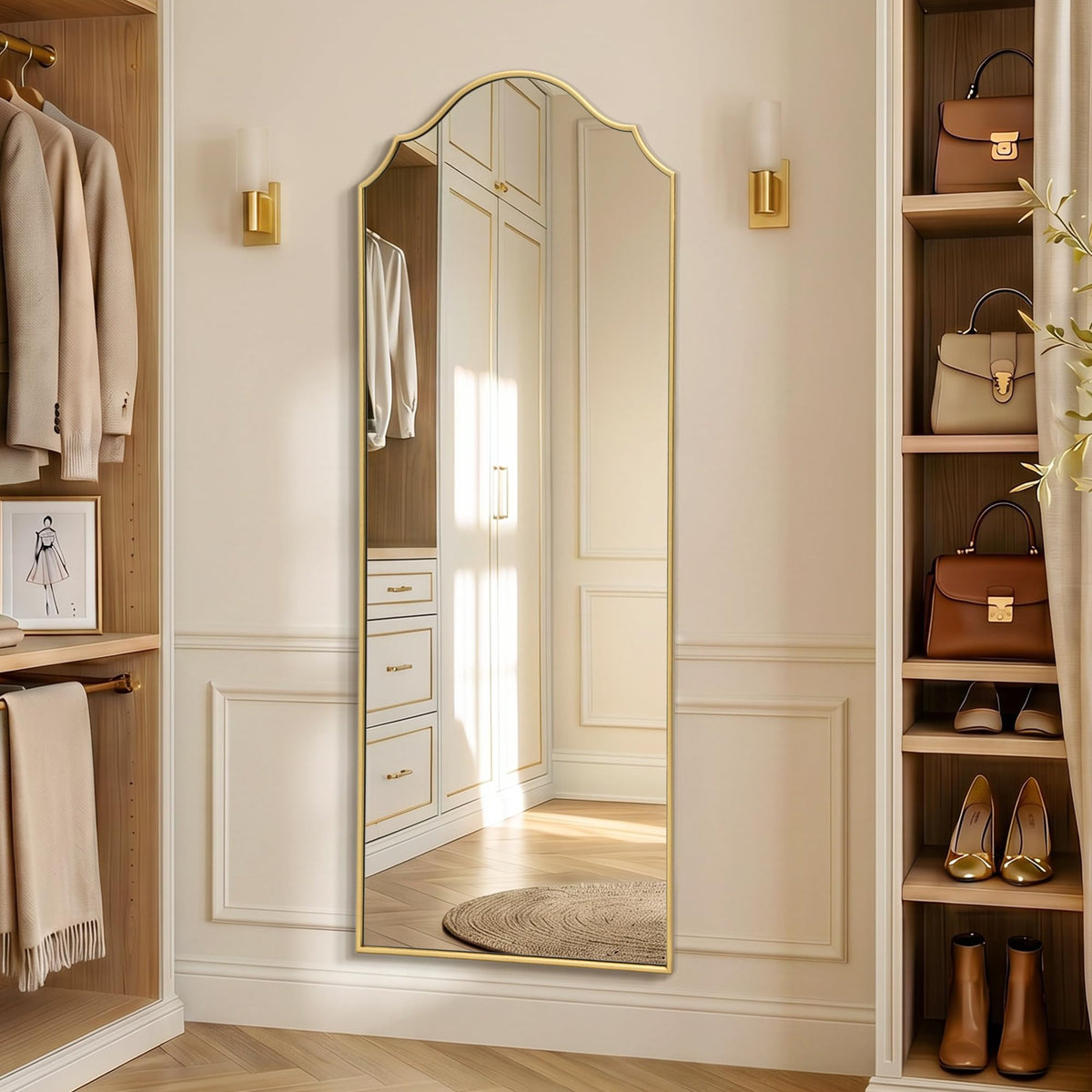 Scalloped Full Length Mirror: 21"x56" Gold Arched Floor Mirror