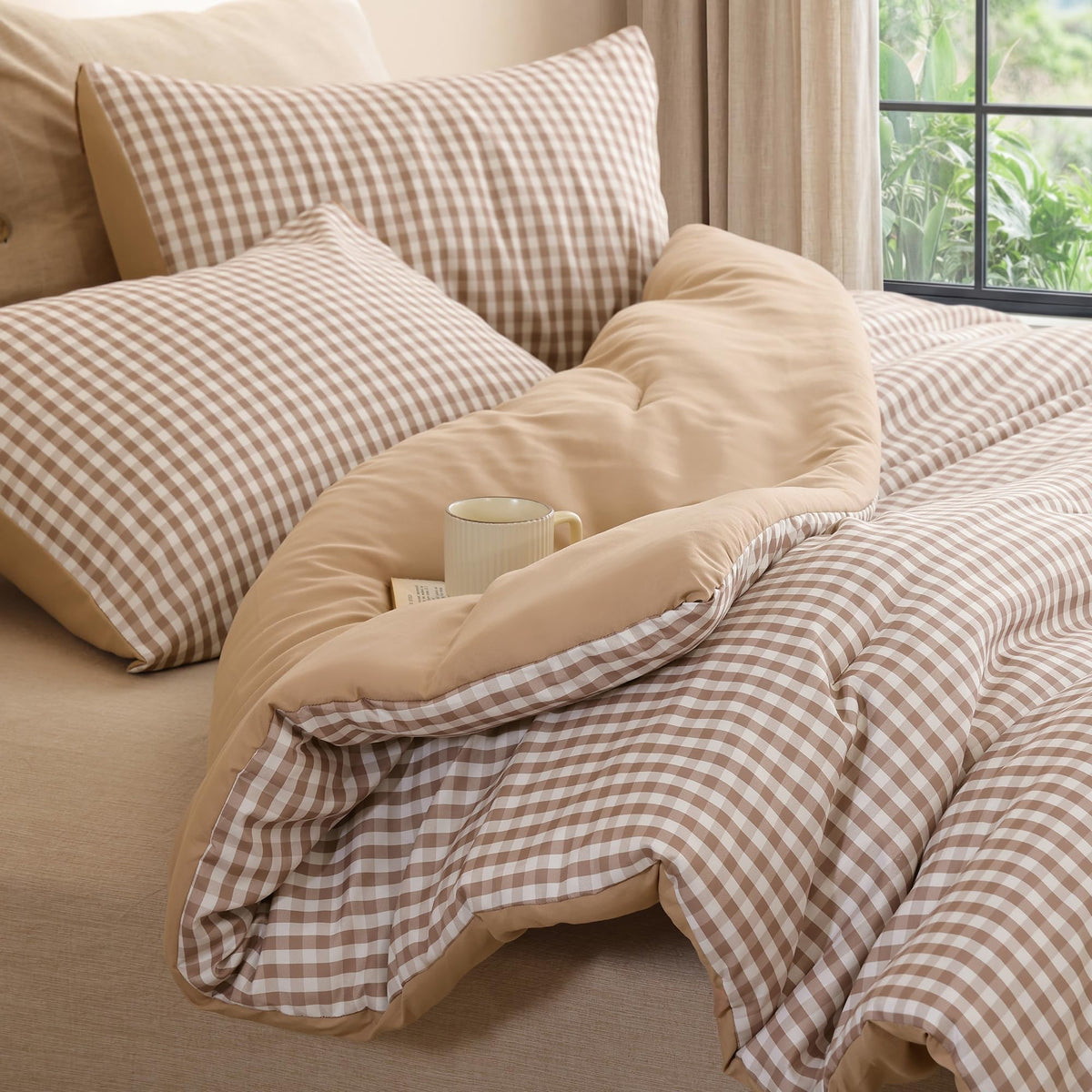 Gingham Comforter Set, 3 Pieces Tan Plaid Comforter Set