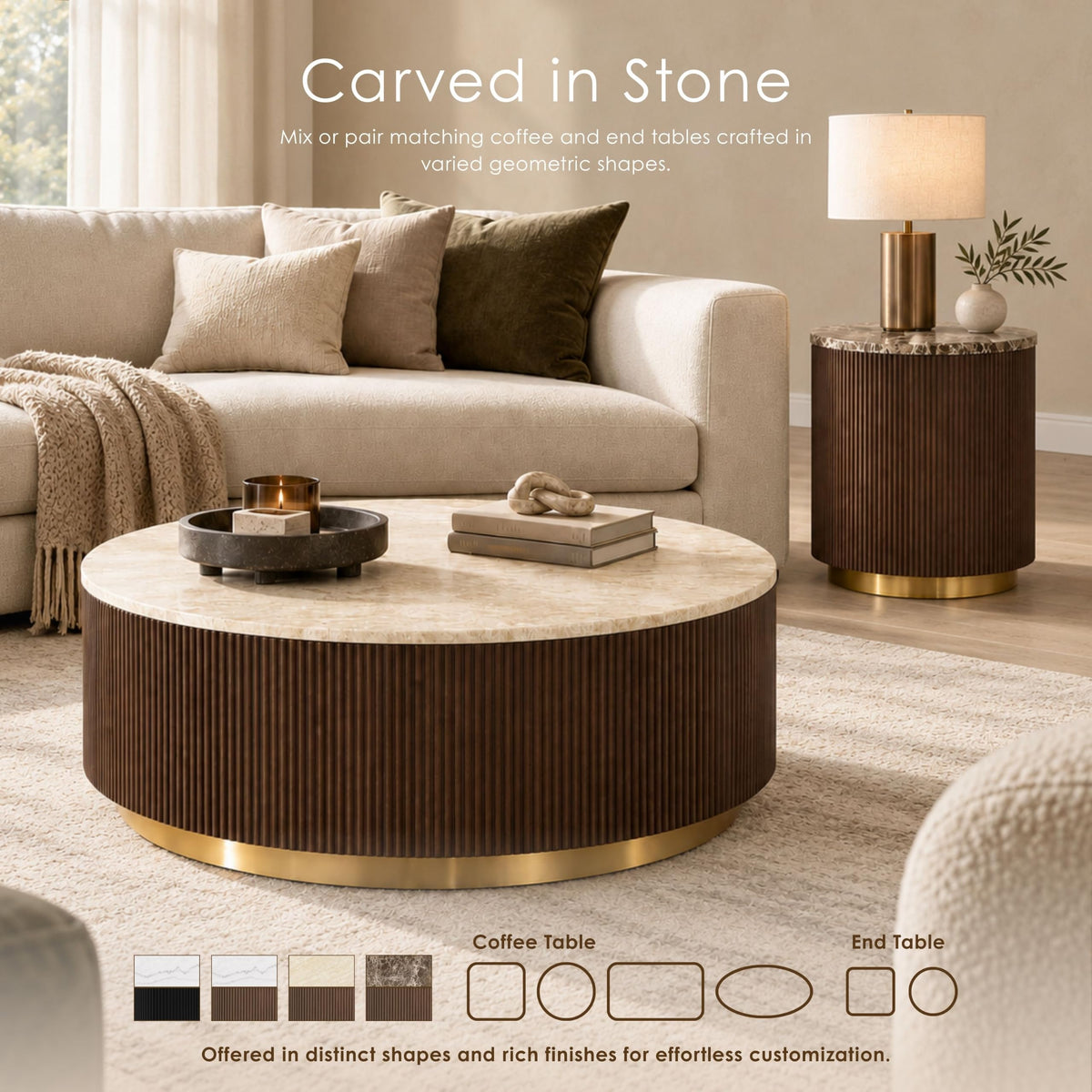 Beryl Travertine Top Coffee Table, Beige and Brown