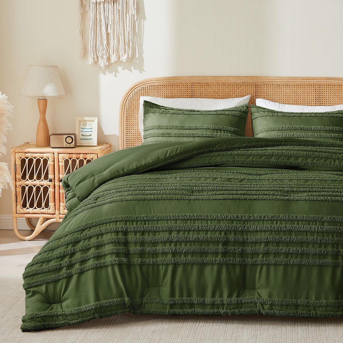 Boho Comforter Set - Tufted Boho Bedding Set, Olive Green