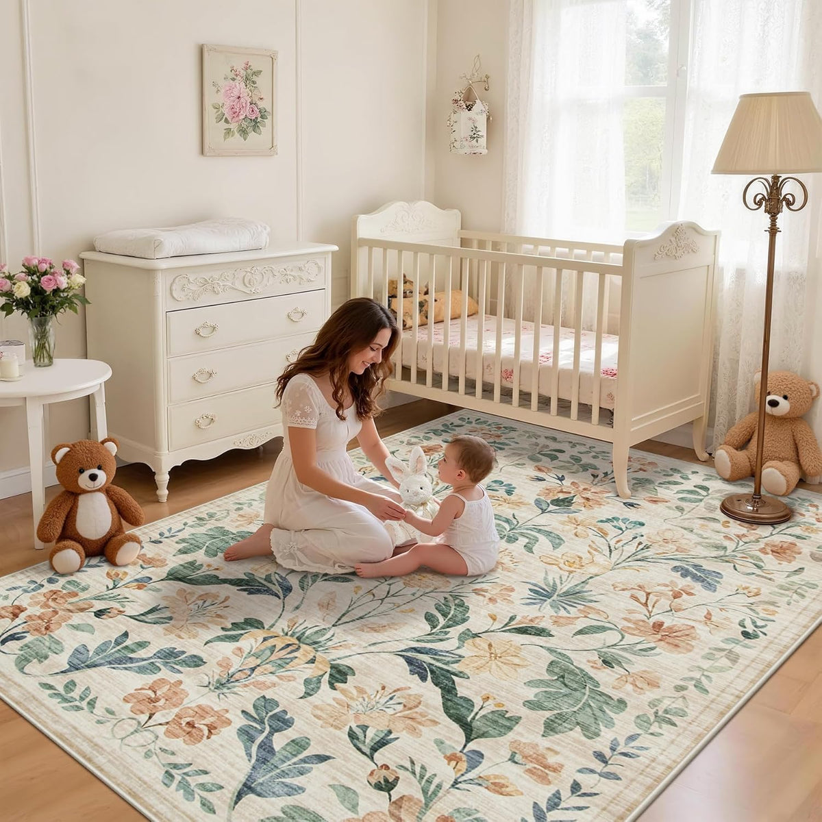 Area Rugs Boho Floral Washable Living Room Rug Neutral Carpet Nursery