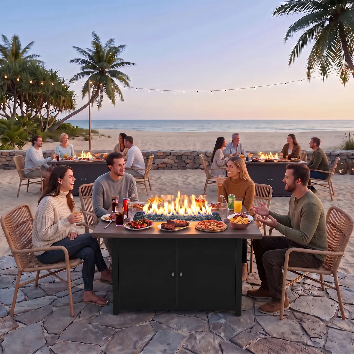 Propane Fire Pit Table 43 Inch with Lid, 60, 000 BTU Gas Fire Pits for Outside Patio with Glass Wind Guard, Dark Black